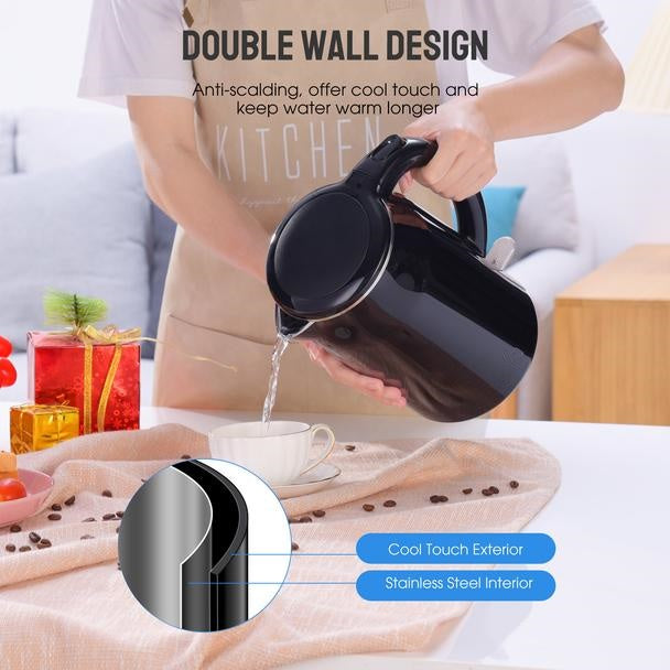 Black Electric Kettle. Cordless Double Wall Stainless Steel Kettle. (1.5L) (2000W)