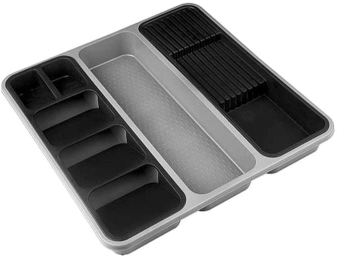 Large Cutlery Tray. 6 Compartments Kitchen Drawer Organiser. (Black & Grey)
