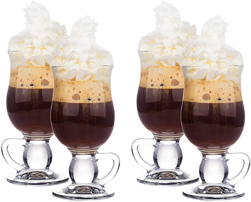 Irish Coffee Glasses. Glass Latte Tea Coffee Mug with Handle. (Set of 4) (270 cc/ml)