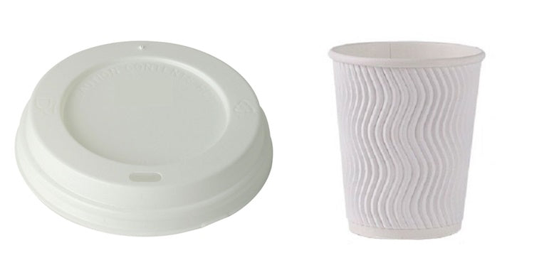 White Zig Zag Ripple Paper Cups & Sip-Thru Lids. (8 oz) (1000 Cups & 1000 Lids)