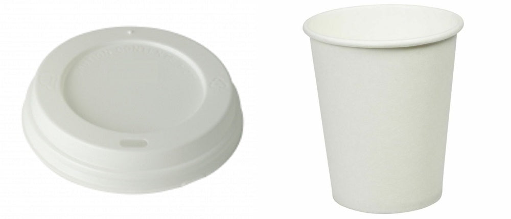 6 oz Plain White Hot Drink Paper Cups & Domed Sip Lid. 1000 Cups & 1000 Lids