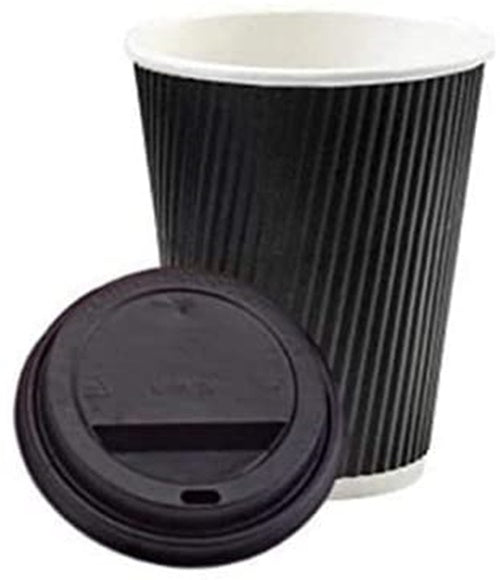 Black Ripple Hot Drink Paper Cups & Sip-Thru Lid. (8oz) (1000 Cups & 1000 Lids)