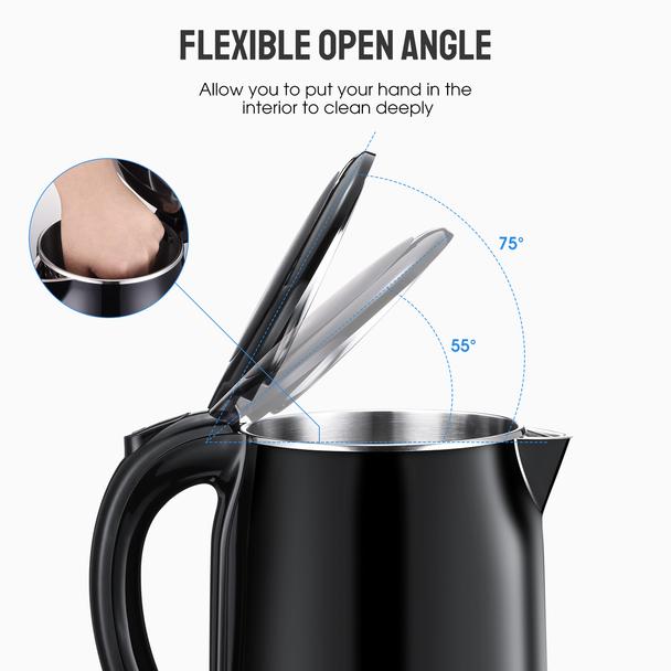 Black Electric Kettle. Cordless Double Wall Stainless Steel Kettle. (1.5L) (2000W)