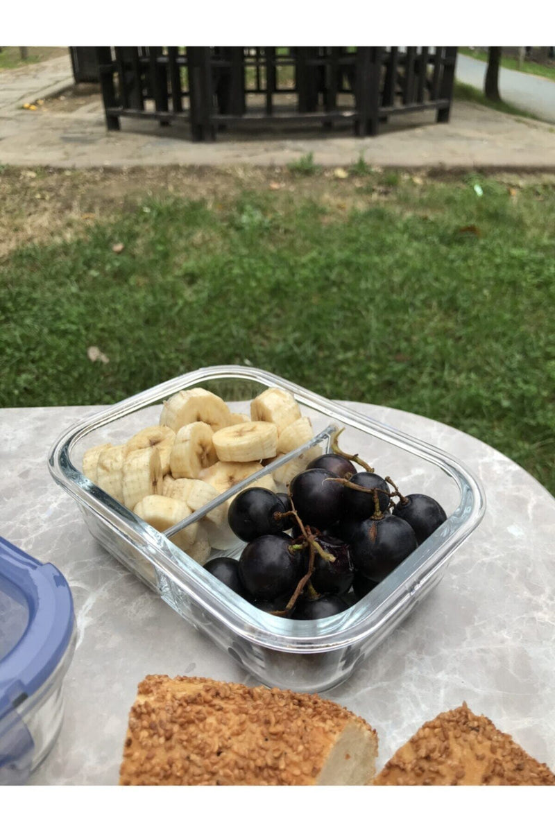 2 Compartment Glass Food Storage Containers with Lid. Blue. (Set of 2) (630 ml)