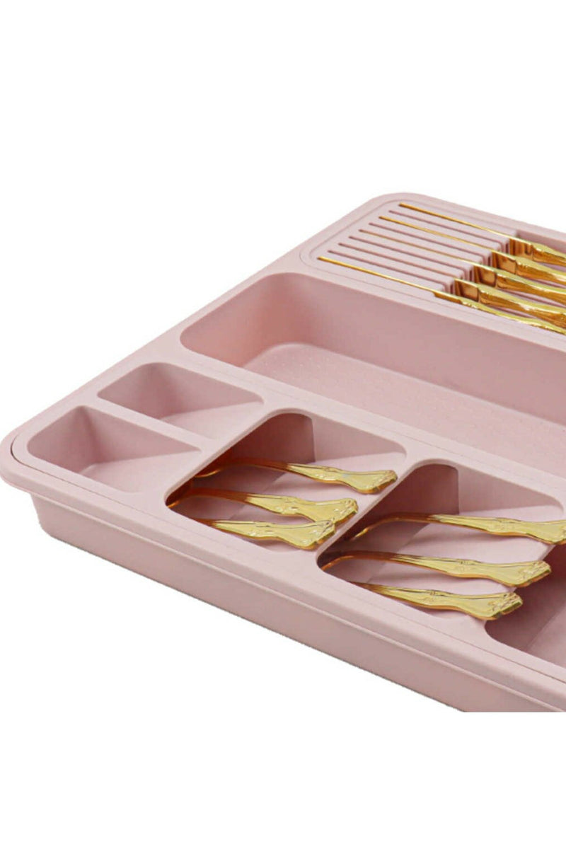 Large Cutlery Tray. 6 Compartments Kitchen Drawer Organiser. (Pink)