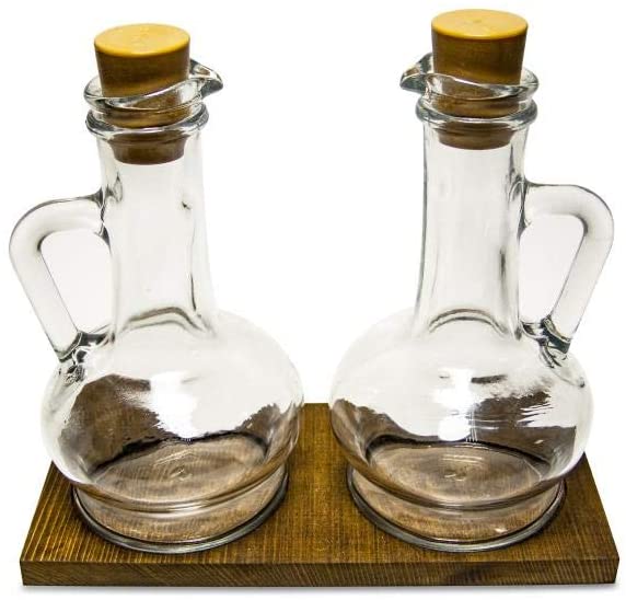 Oil & Vinegar Dispenser Set. Glass Bottle with Handle & Lid. (Set of 2) (260 cc)