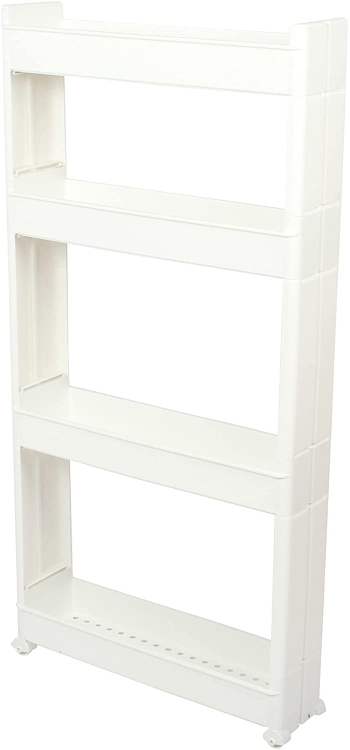 4 Tier Slim Slide Kitchen Trolley. Rack Storage Shelf Organiser Holder On Wheels.