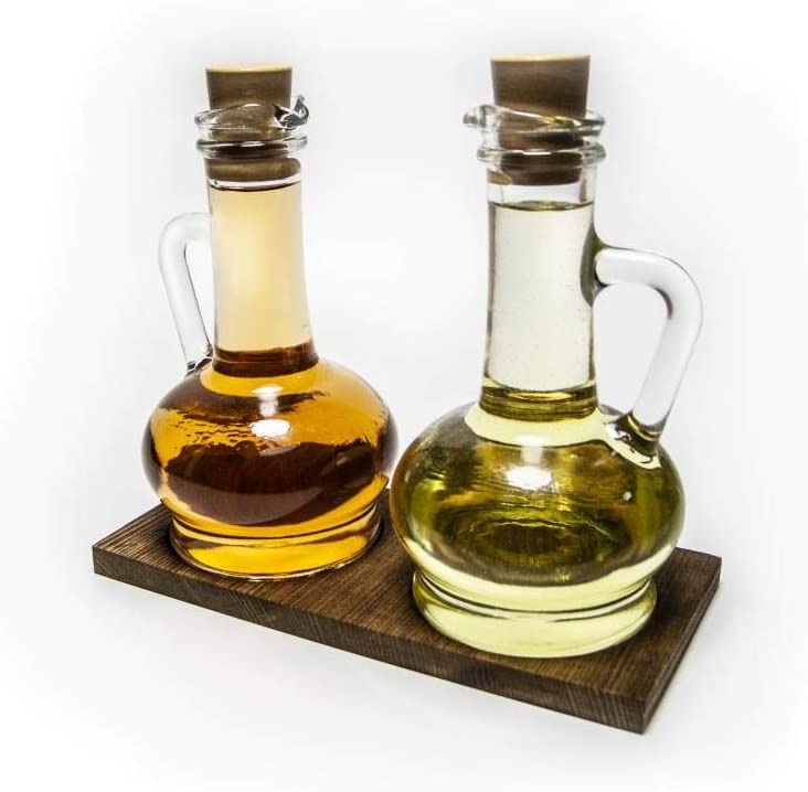 Oil & Vinegar Dispenser Set. Glass Bottle with Handle & Lid. (Set of 2) (260 cc)