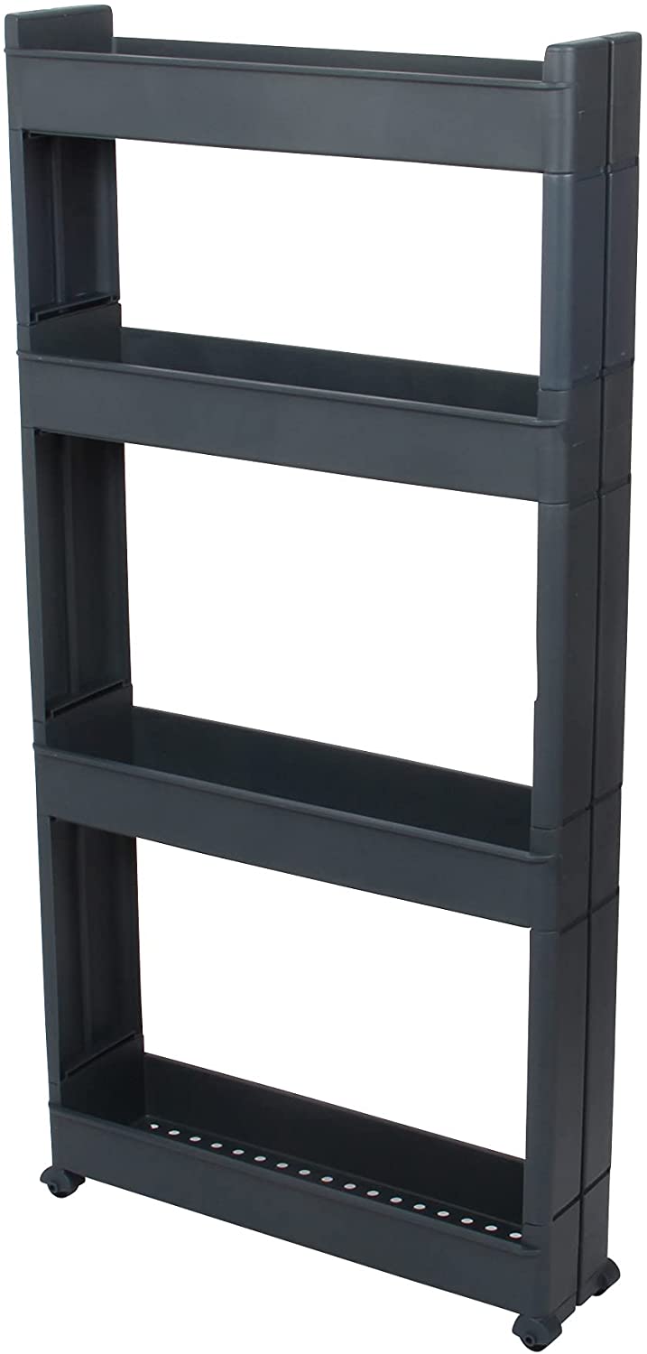 4 Tier Slim Slide Kitchen Trolley. Rack Storage Shelf Organiser Holder On Wheels.