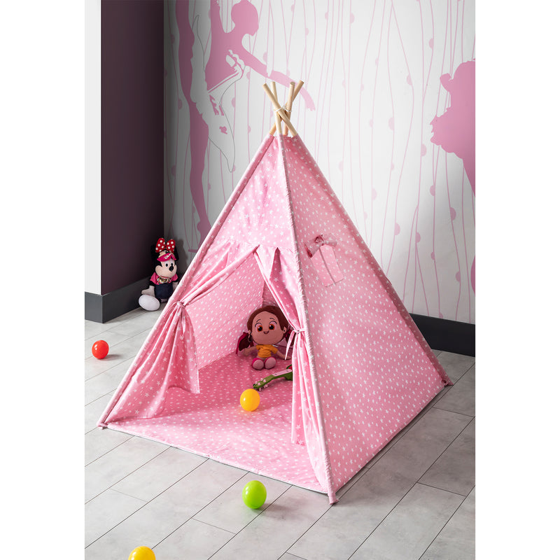 Kids Teepee Play Tent with Floor Mat. Portable & Wooden Wigwam Playhouse.
