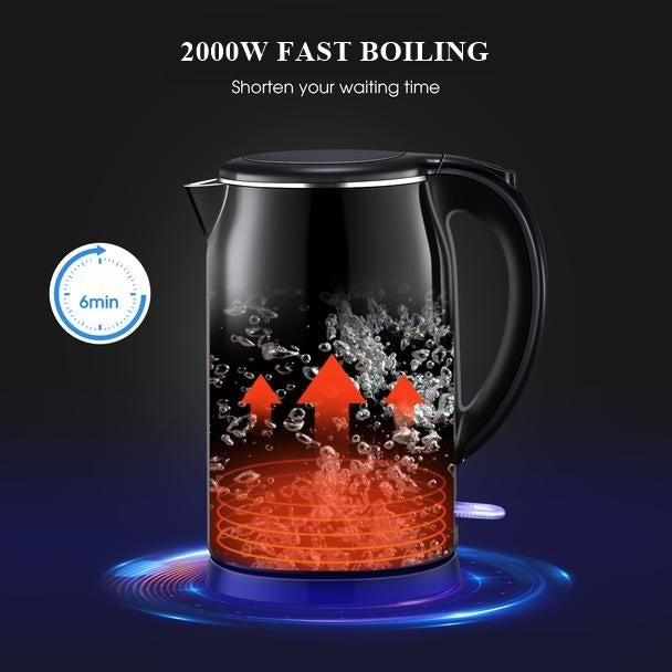 Black Electric Kettle. Cordless Double Wall Stainless Steel Kettle. (1.5L) (2000W)