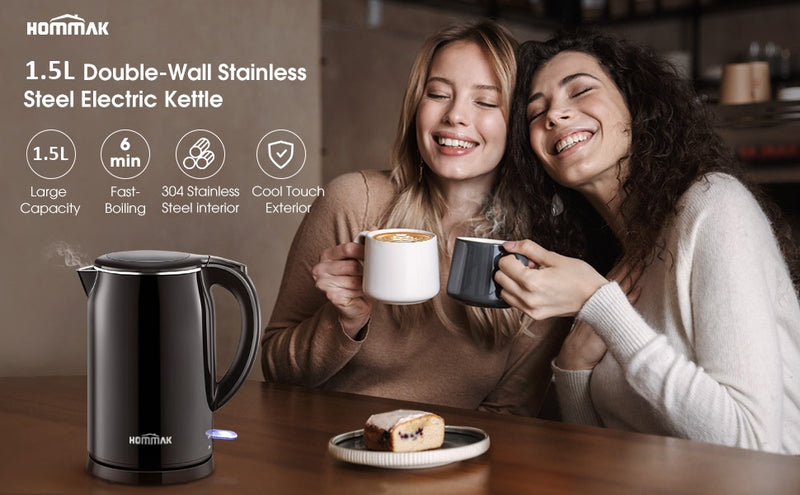 Black Electric Kettle. Cordless Double Wall Stainless Steel Kettle. (1.5L) (2000W)