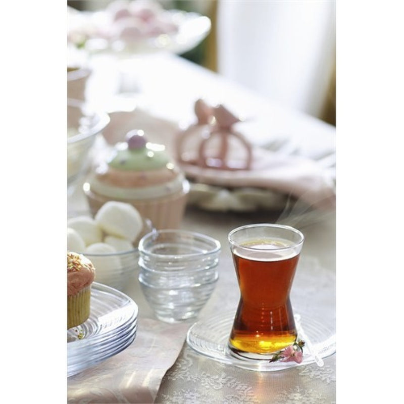 Turkish Tea Glasses & Saucers. Contemporary Glass Teacup and Saucer Set. 12 Pieces (6 Glasses & 6 Saucers)