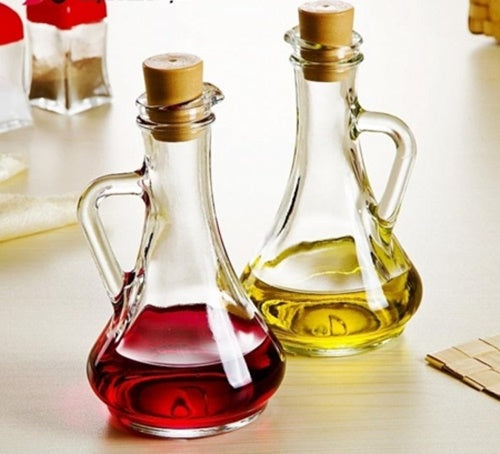 Oil & Vinegar Dispenser Set. Glass Bottle with Handle & Lid. (Set of 2) (260 cc)