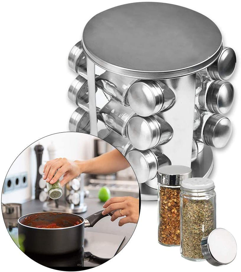 Rotating Spice Rack. 12 Glass Spice Jar. Stainless Steel. Revolving Free Stand.