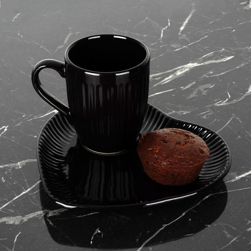 Coffee Cup & Snack Plate Set. Lined Cups. Heart Shaped Plate. Stoneware. (Black)