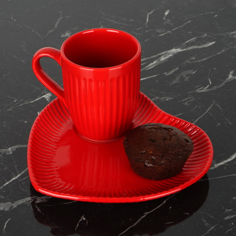 Coffee Cup & Snack Plate Set. Lined Cups. Heart Shaped Plate. Stoneware. (Red)