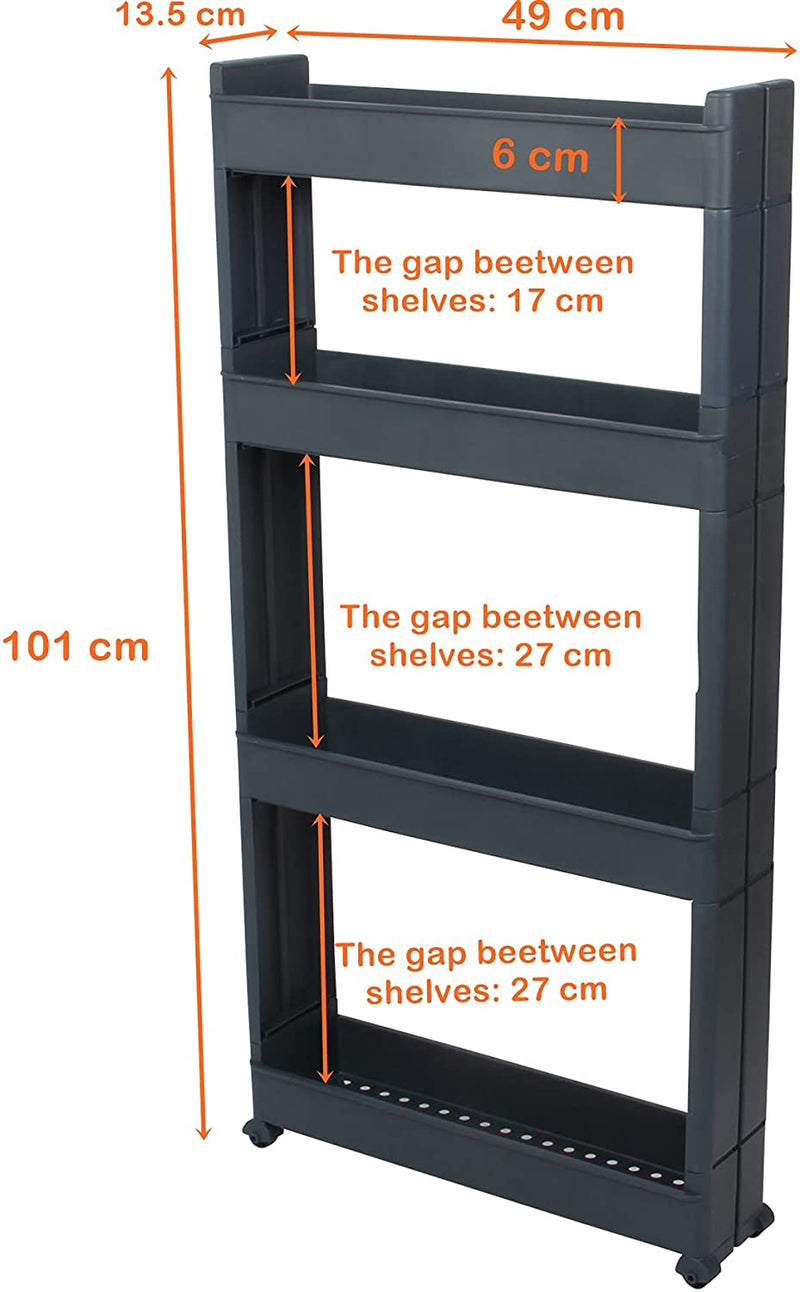 4 Tier Slim Slide Kitchen Trolley. Rack Storage Shelf Organiser Holder On Wheels.