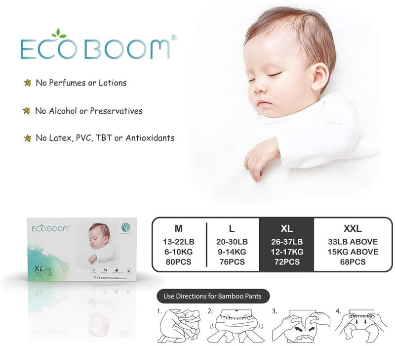 Bamboo Nappies Pants. Organic Diapers Easy Wear. Size 5 (26-37lb) XL (72 Count)