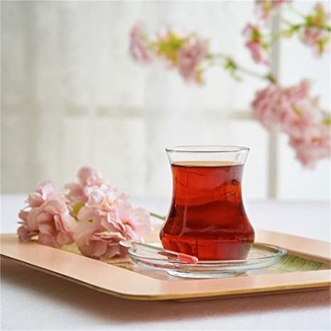 Turkish Tea Glasses & Saucers. Contemporary Glass Teacup and Saucer Set. 12 Pieces (6 Glasses & 6 Saucers)