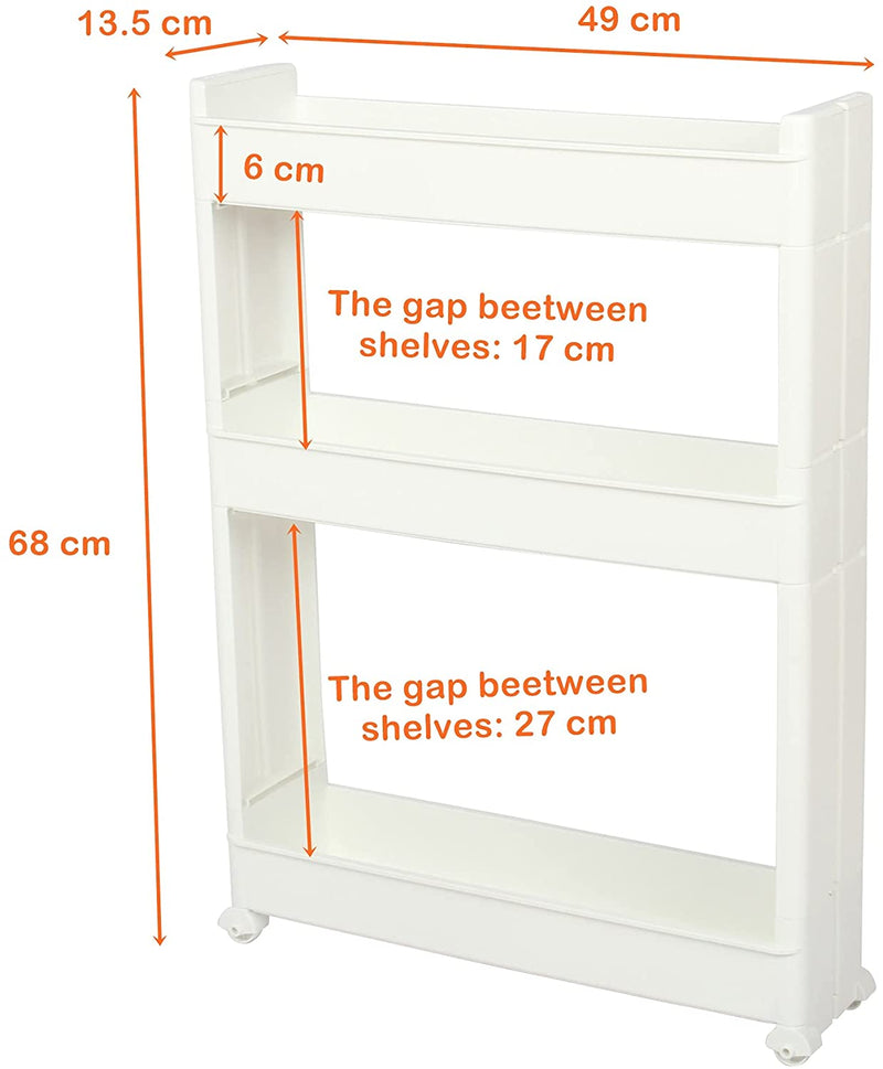 3 Tier Slim Slide Kitchen Trolley. Rack Storage Shelf Organiser Holder On Wheels.