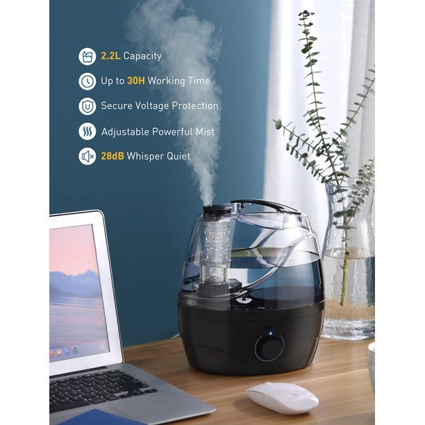 2.2L Cool Mist Humidifier. Ultrasonic Air Humidifier with Night Light. 28dB Quiet. Black.