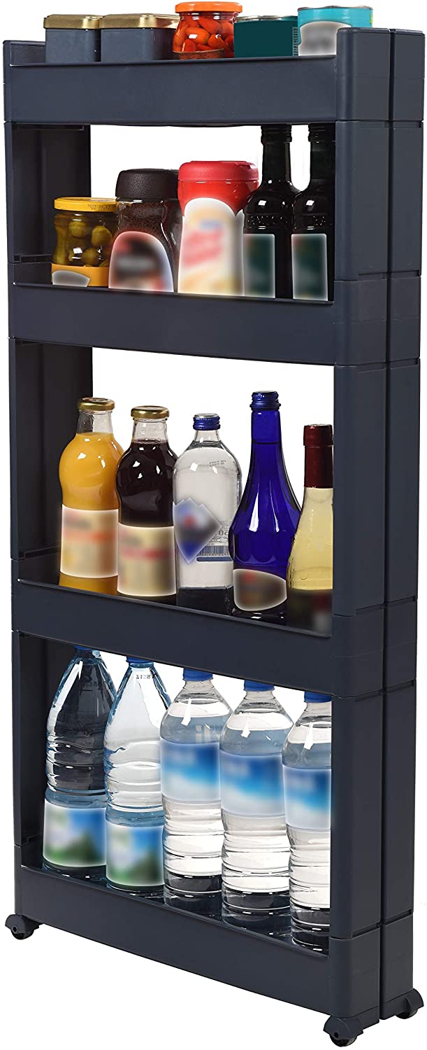 4 Tier Slim Slide Kitchen Trolley. Rack Storage Shelf Organiser Holder On Wheels.