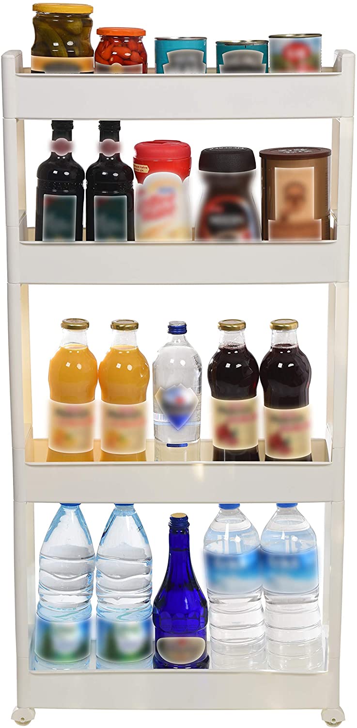 4 Tier Slim Slide Kitchen Trolley. Rack Storage Shelf Organiser Holder On Wheels.