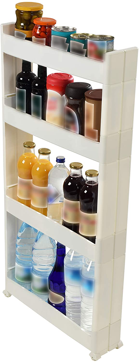 4 Tier Slim Slide Kitchen Trolley. Rack Storage Shelf Organiser Holder On Wheels.