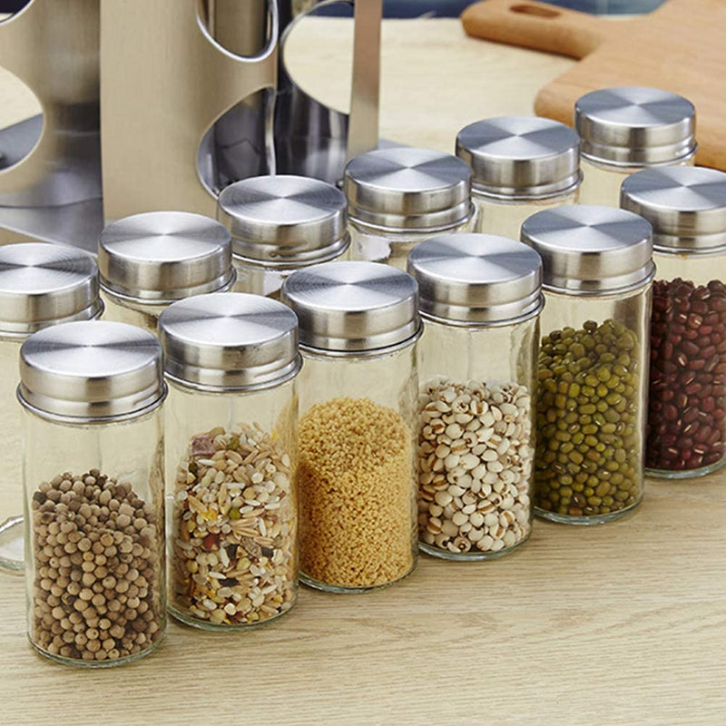 Rotating Spice Rack. 12 Glass Spice Jar. Stainless Steel. Revolving Free Stand.