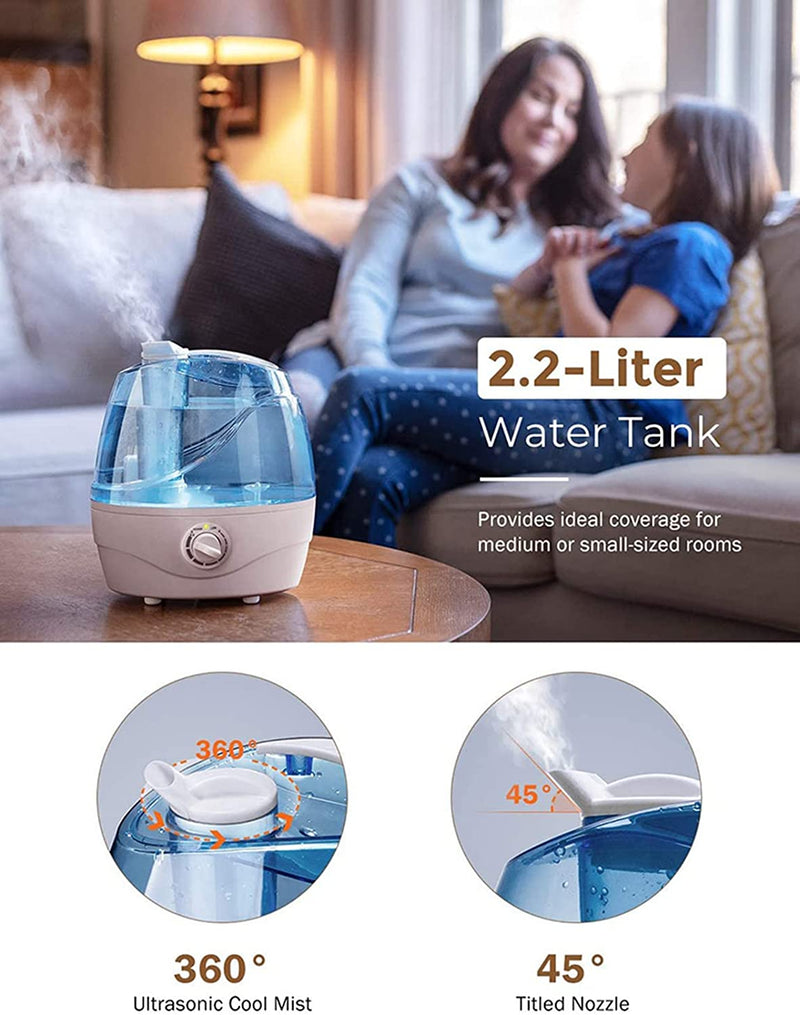 2.2L Cool Mist Humidifier. Ultrasonic Air Humidifier. 360° Nozzle. 28dB Quiet.