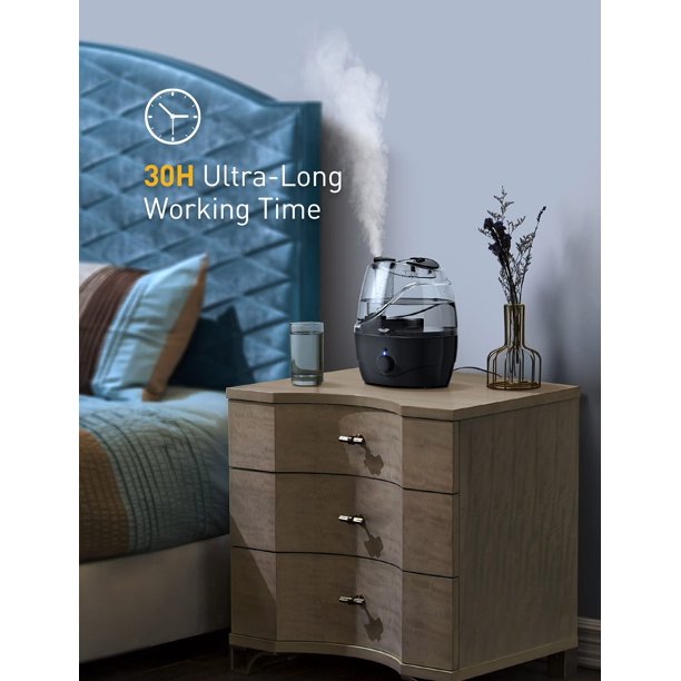 2.2L Cool Mist Humidifier. Ultrasonic Air Humidifier with Night Light. 28dB Quiet. Black.