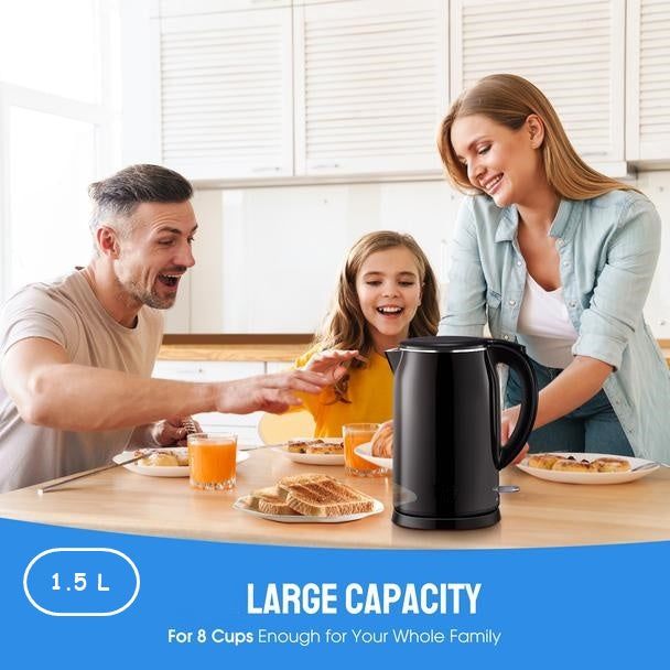 Black Electric Kettle. Cordless Double Wall Stainless Steel Kettle. (1.5L) (2000W)