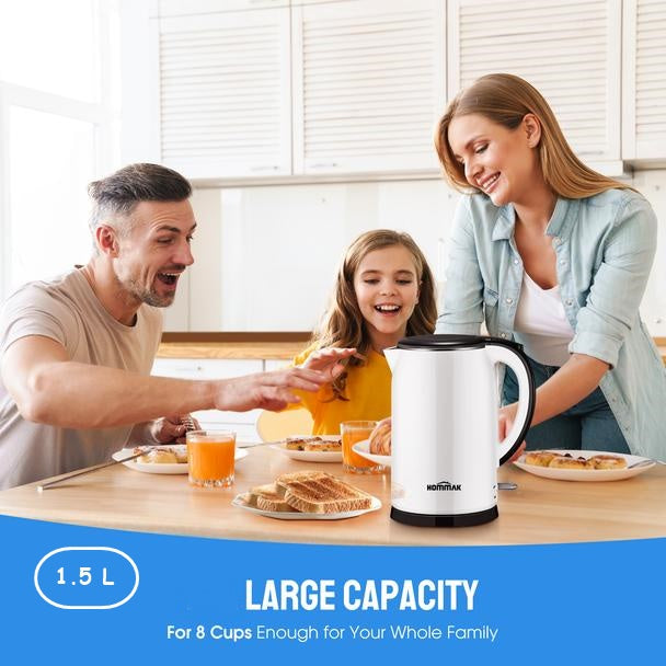 White Electric Kettle. Cordless Double Wall Stainless Steel Kettle. (1.5L) (2000W)