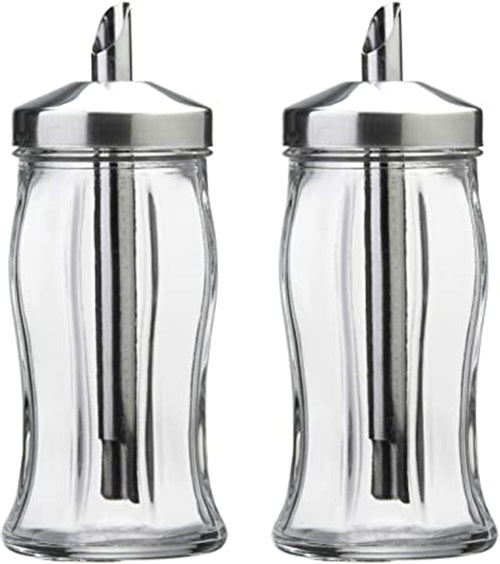 2x Glass Sugar Shaker. Sugar Dispenser Pourer. Sugar Jar. Stainless Steel Top.