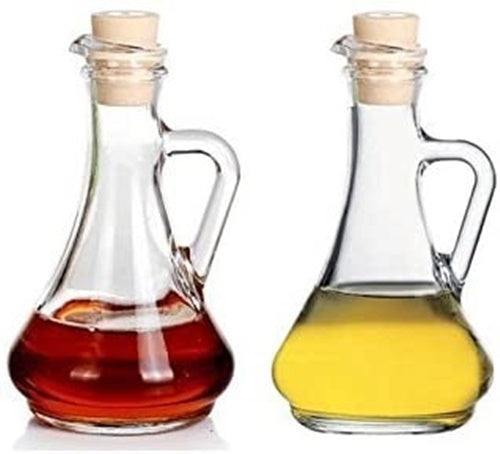 Oil & Vinegar Dispenser Set. Glass Bottle with Handle & Lid. (Set of 2) (260 cc)