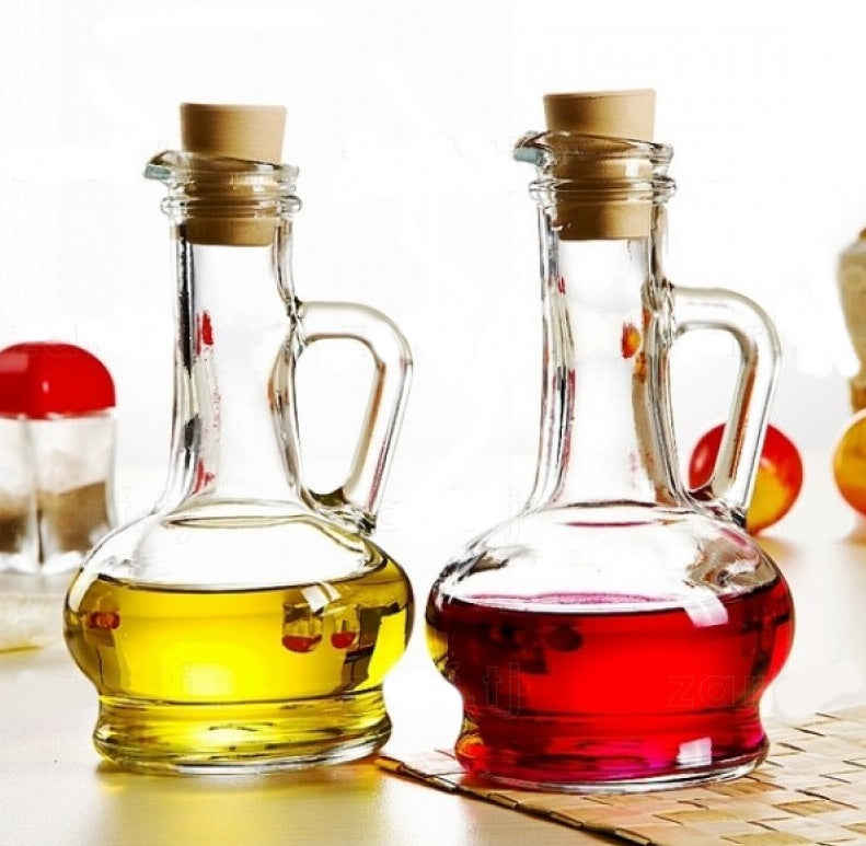 Oil & Vinegar Dispenser Set. Glass Bottle with Handle & Lid. (Set of 2) (260 cc)