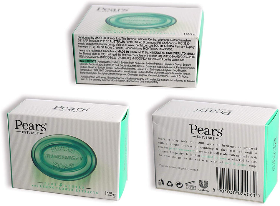 Pears Soap - Oil Clear with lemon flower extracts. Authentic Transparent Green Soap. (125g each) (Pack of 12)