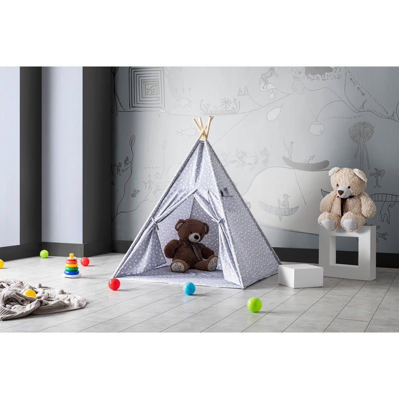 Kids Teepee Play Tent with Floor Mat. Portable & Wooden Wigwam Playhouse.