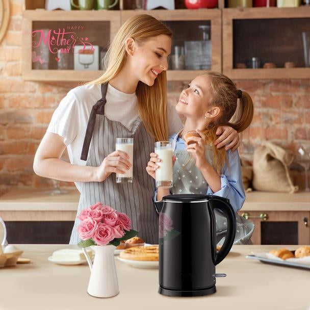 Black Electric Kettle. Cordless Double Wall Stainless Steel Kettle. (1.5L) (2000W)