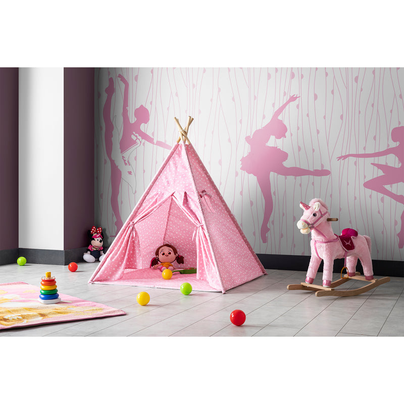 Kids Teepee Play Tent with Floor Mat. Portable & Wooden Wigwam Playhouse.