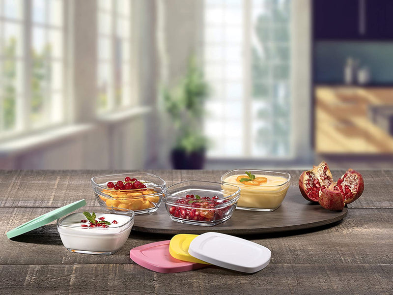 4 pcs Food Storage Container Set with Coloured Lid. Glass Small Bowl. (310 cc/ml)