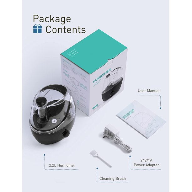 2.2L Cool Mist Humidifier. Ultrasonic Air Humidifier with Night Light. 28dB Quiet. Black.