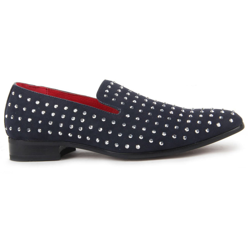 Studded Shoes Rhinestones Faux Suede Loafers - Baldoria (Suede Navy)
