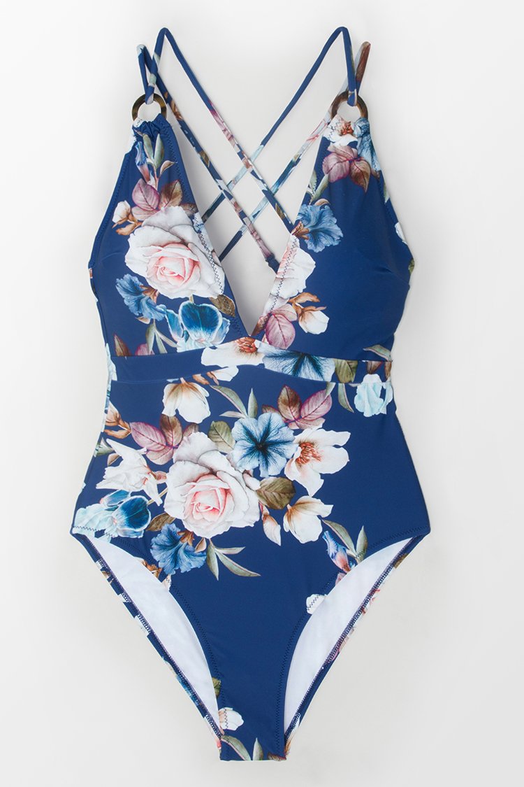 Blue Floral Strappy One Piece Swimsuit.