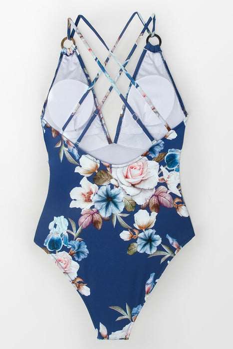 Blue Floral Strappy One Piece Swimsuit.