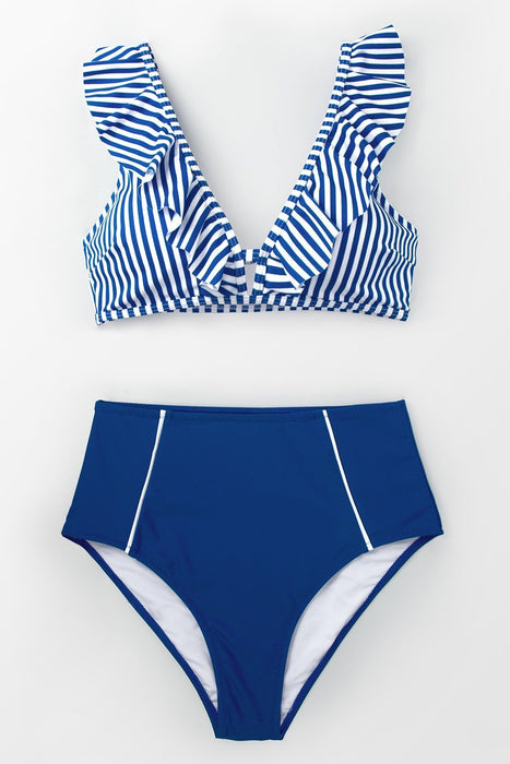 Women's Blue Striped And High Waisted Bikini.