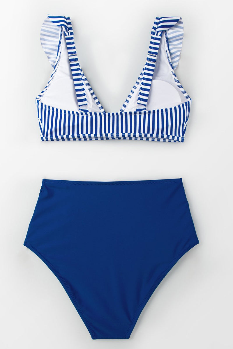 Women's Blue Striped And High Waisted Bikini.