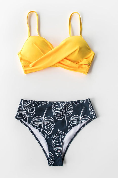 Women's Yellow Twist-Front And Palm Print High Waisted Bikini.