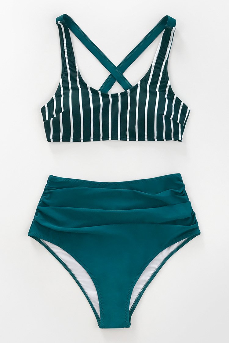 Women's Teal And White Striped High Waisted Bikini.